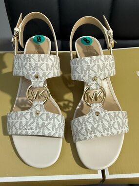 Michael Kors Beige MK Logo Double-Strap Sandals with Gold Accent